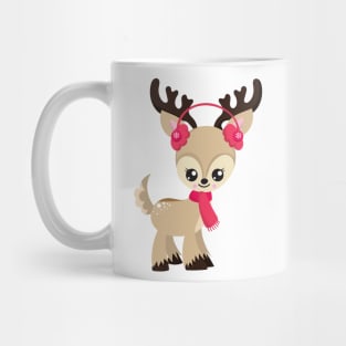 Christmas Reindeer, Cute Reindeer, Red Scarf, Xmas Mug